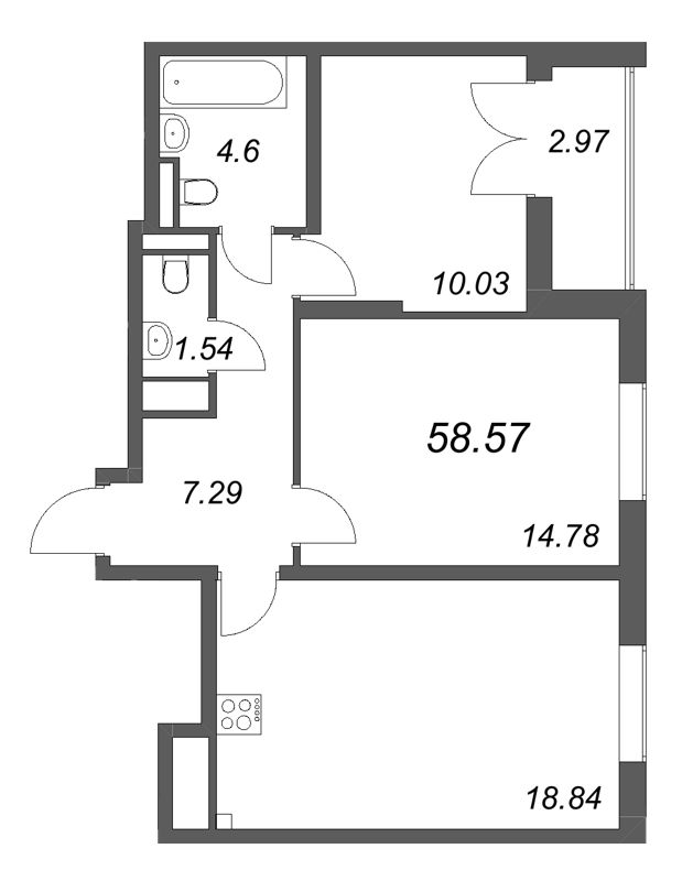 3-комнатная (Евро) квартира, 58.57 м² в ЖК "Цивилизация на неве" - планировка, фото №1