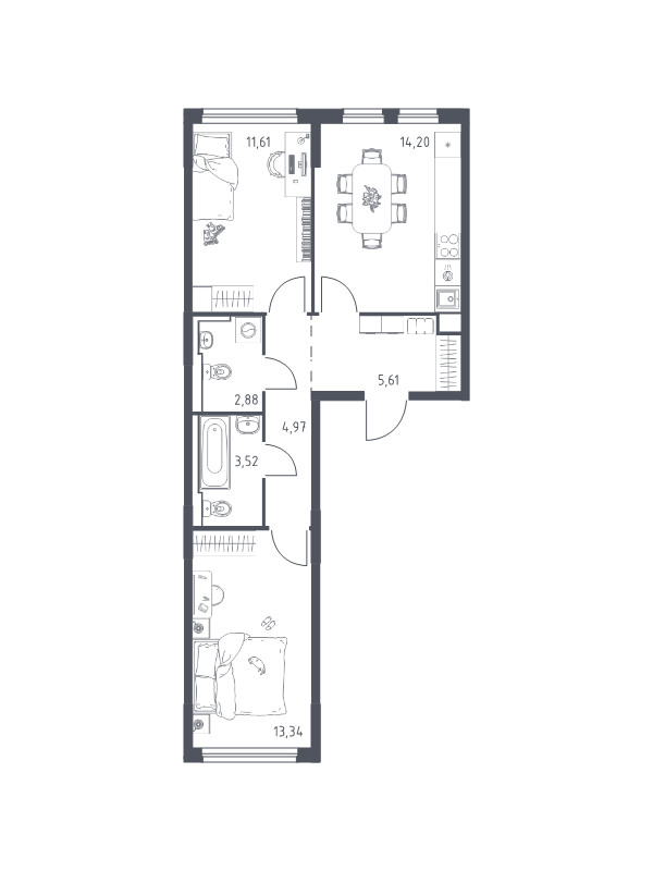 2-комнатная квартира, 55.75 м² в ЖК "Новое Колпино" - планировка, фото №1