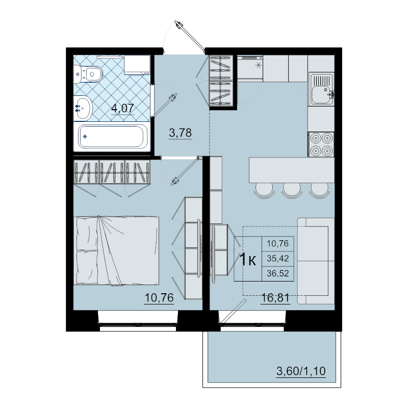 2-комнатная (Евро) квартира, 36.5 м² в ЖК "Северный меридиан" - планировка, фото №1