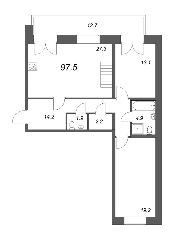 2-комнатная квартира, 96.7 м² - планировка, фото №1