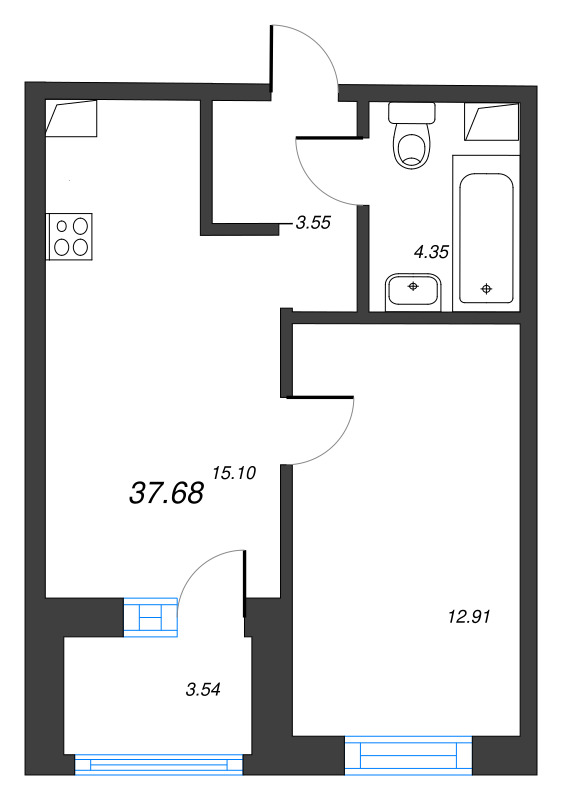 2-комнатная (Евро) квартира, 37.68 м² в ЖК "Тишин" - планировка, фото №1
