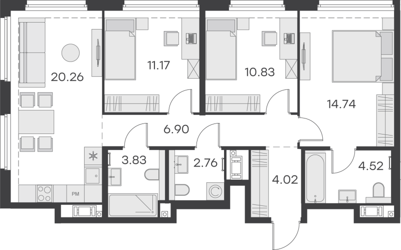 4-комнатная (Евро) квартира, 79.03 м² в ЖК "GloraX Василеостровский" - планировка, фото №1