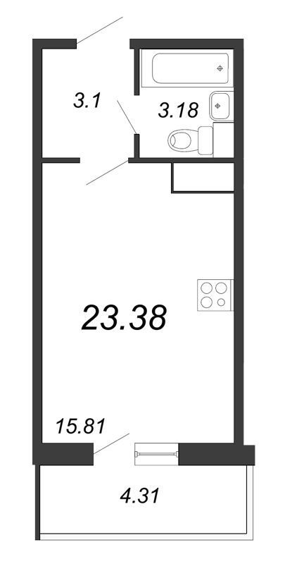 Квартира-студия, 23.38 м² - планировка, фото №1