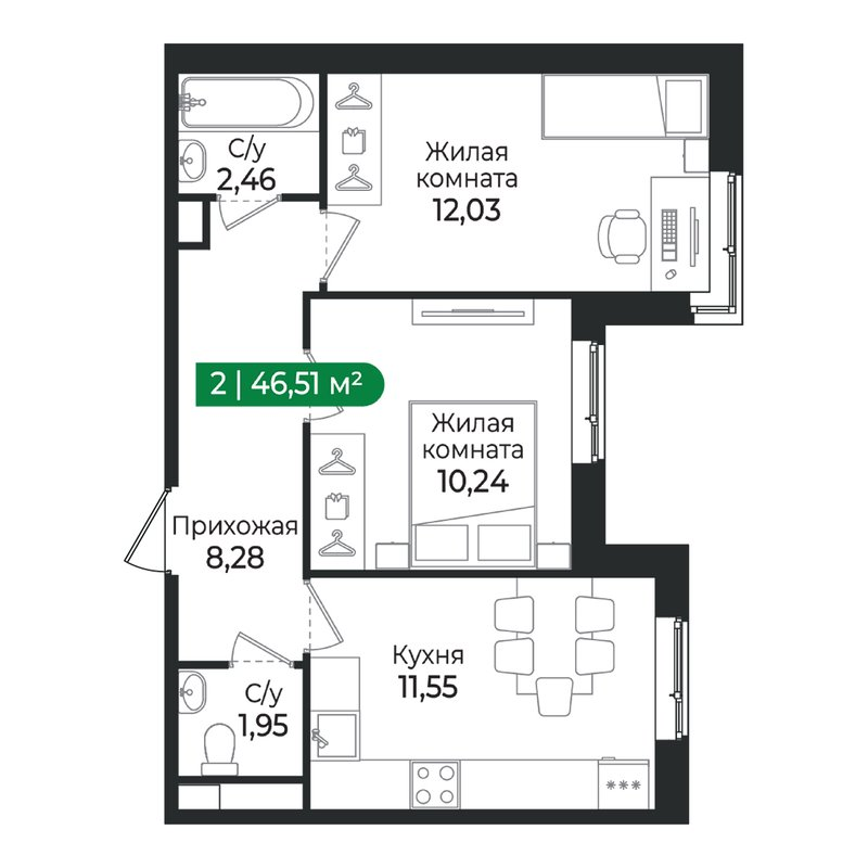 2-комнатная квартира, 46.51 м² в ЖК "Сертолово Парк" - планировка, фото №1