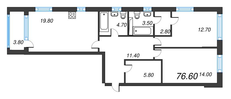 3-комнатная (Евро) квартира, 76.6 м² - планировка, фото №1