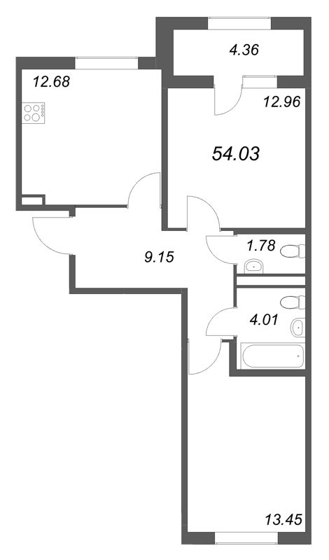 2-комнатная квартира, 54.03 м² в ЖК "Дубровский" - планировка, фото №1