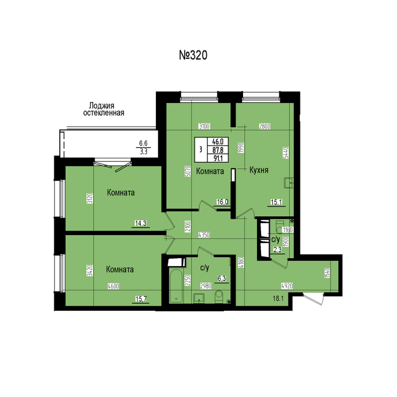 4-комнатная (Евро) квартира, 91.1 м² в ЖК "ПРАГМА СИТИ" - планировка, фото №1