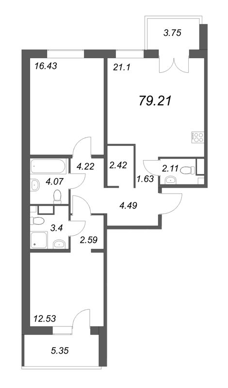 3-комнатная (Евро) квартира, 78.4 м² в ЖК "IQ Гатчина" - планировка, фото №1