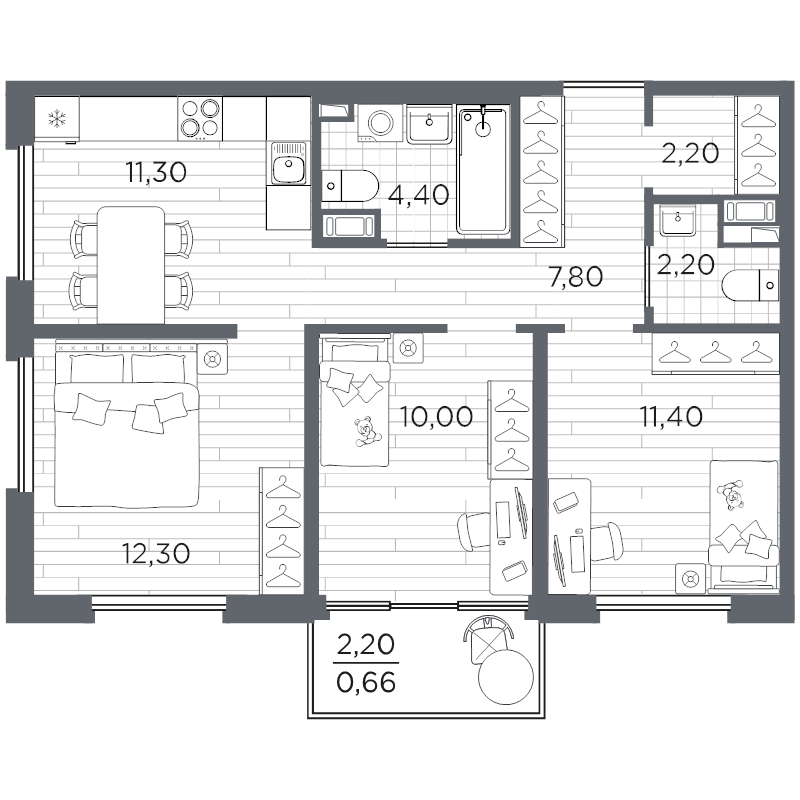 3-комнатная квартира, 61.96 м² в ЖК "Плюс Пулковский" - планировка, фото №1