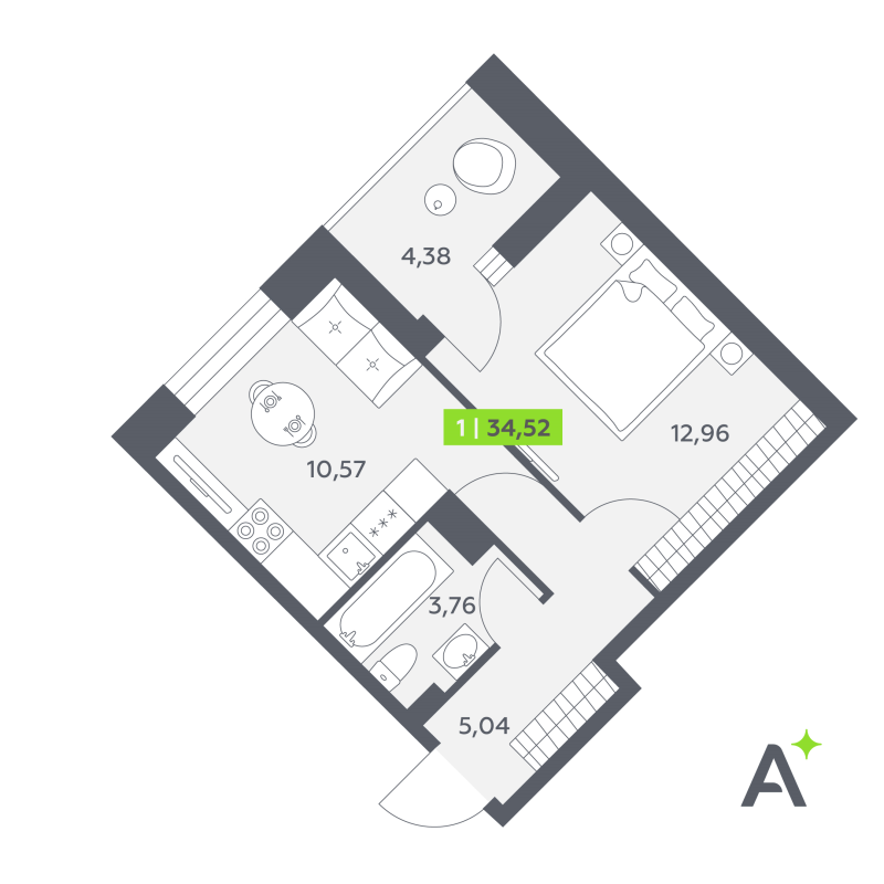 1-комнатная квартира, 34.52 м² в ЖК "Аквилон РекаПарк" - планировка, фото №1