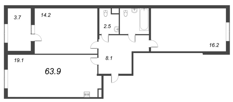3-комнатная (Евро) квартира, 63.9 м² в ЖК "Дубровский" - планировка, фото №1