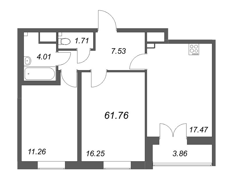 3-комнатная (Евро) квартира, 61.76 м² в ЖК "Дефанс Бизнес" - планировка, фото №1