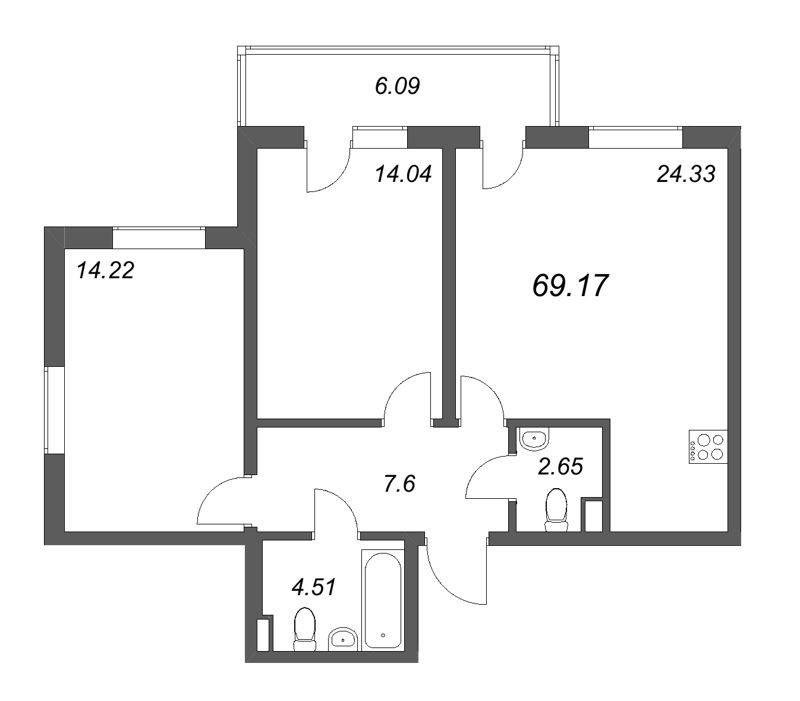 3-комнатная (Евро) квартира, 69.17 м² - планировка, фото №1