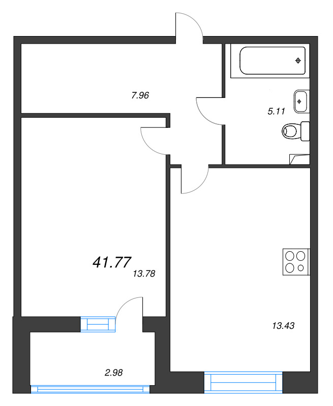 1-комнатная квартира, 41.77 м² в ЖК "Аквилон Leaves" - планировка, фото №1