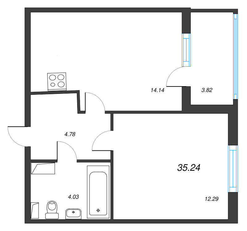 1-комнатная квартира, 35.24 м² в ЖК "Любоград" - планировка, фото №1