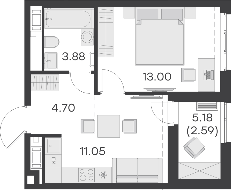 1-комнатная квартира, 35.22 м² - планировка, фото №1