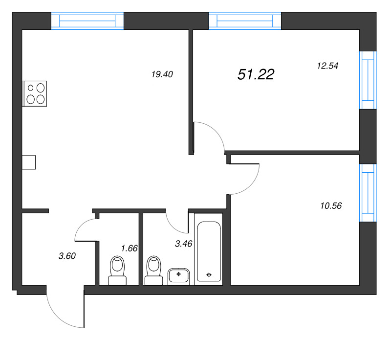 3-комнатная (Евро) квартира, 51.22 м² в ЖК "Старлайт" - планировка, фото №1