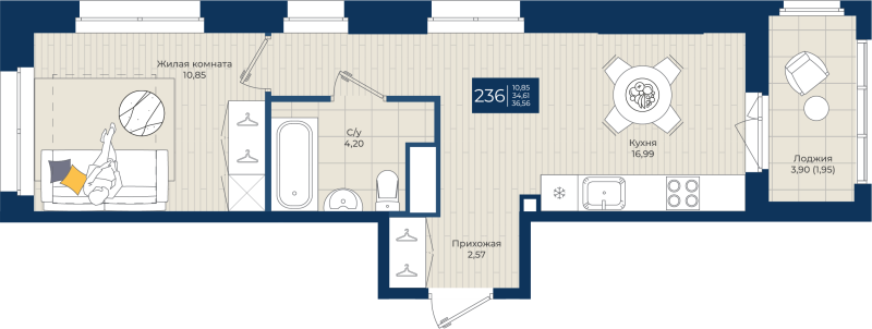 2-комнатная (Евро) квартира, 36.56 м² в ЖК "Новатория" - планировка, фото №1