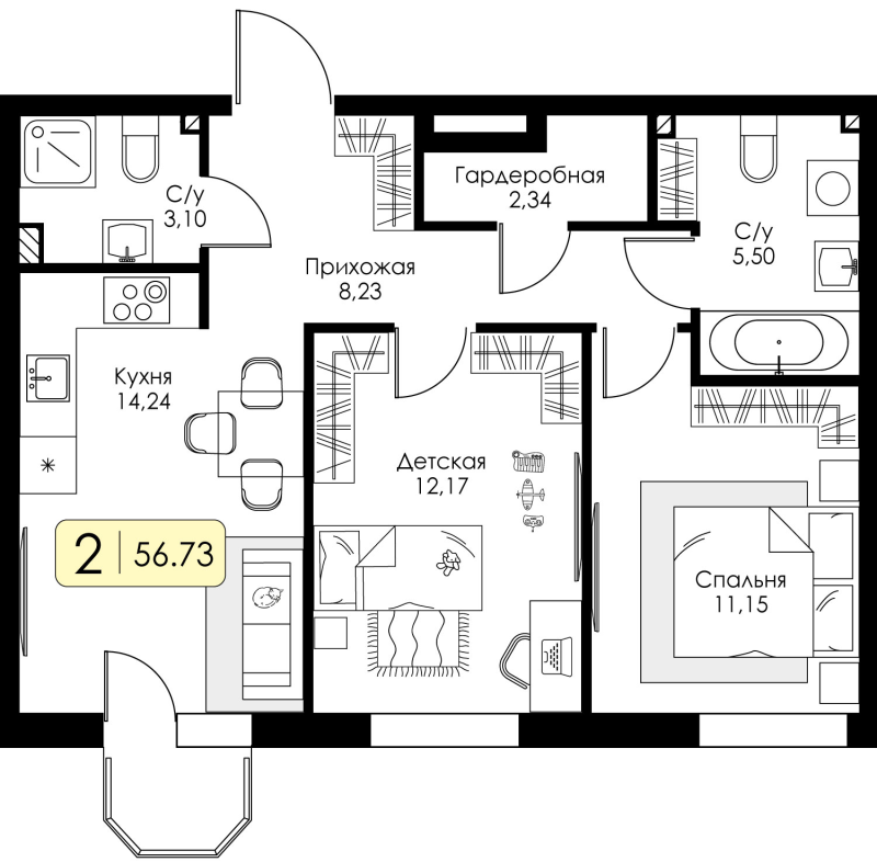 2-комнатная квартира, 56.73 м² в ЖК "Всевгород" - планировка, фото №1