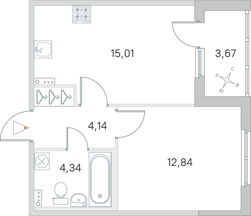 2-комнатная (Евро) квартира, 36.33 м² в ЖК "Любоград" - планировка, фото №1