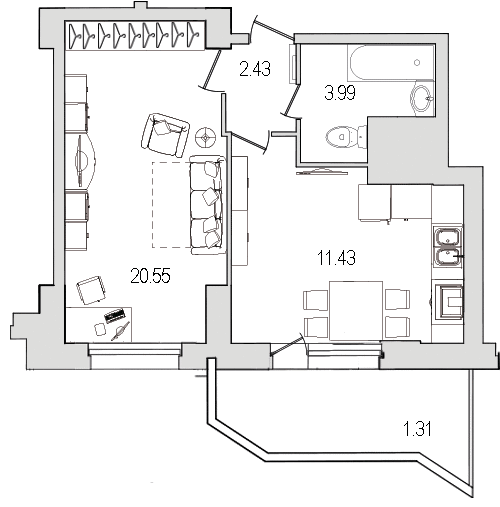 1-комнатная квартира, 42.4 м² в ЖК "Шекспир" - планировка, фото №1