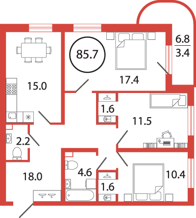 3-комнатная квартира, 85.7 м² - планировка, фото №1