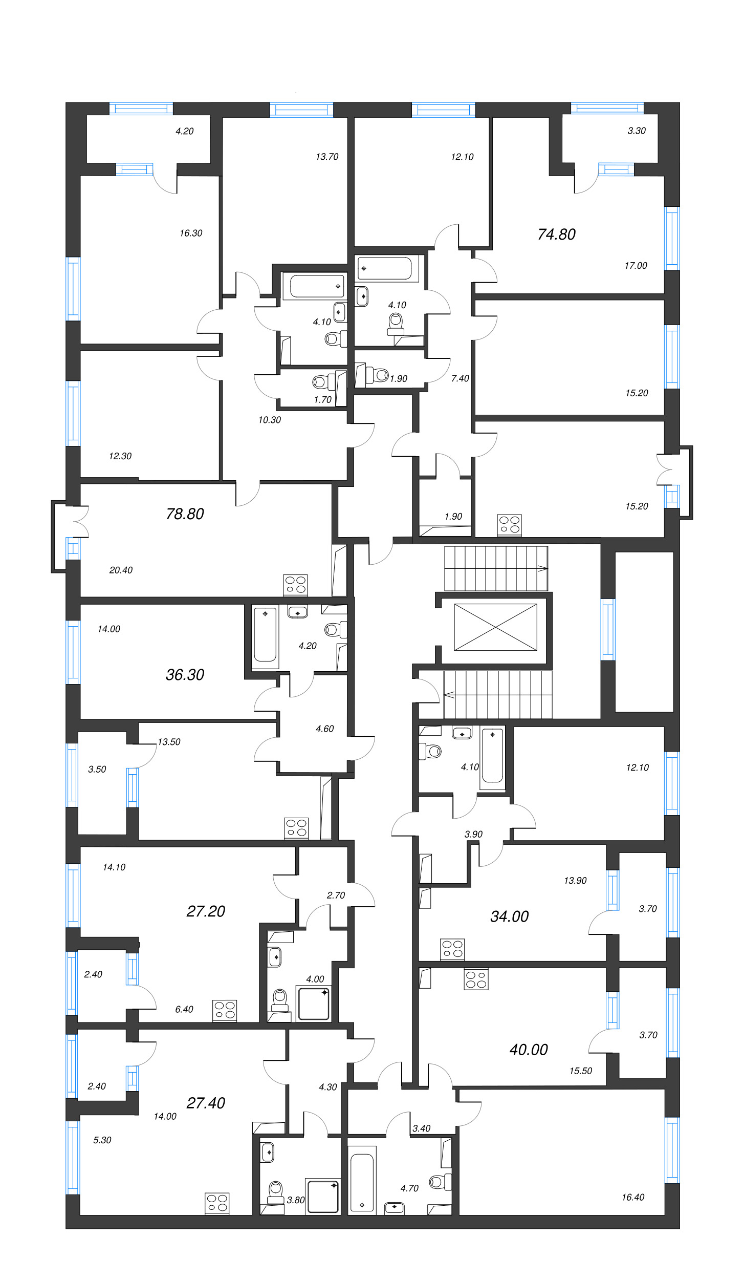 4-комнатная (Евро) квартира, 74.8 м² в ЖК "Дубровский" - планировка этажа