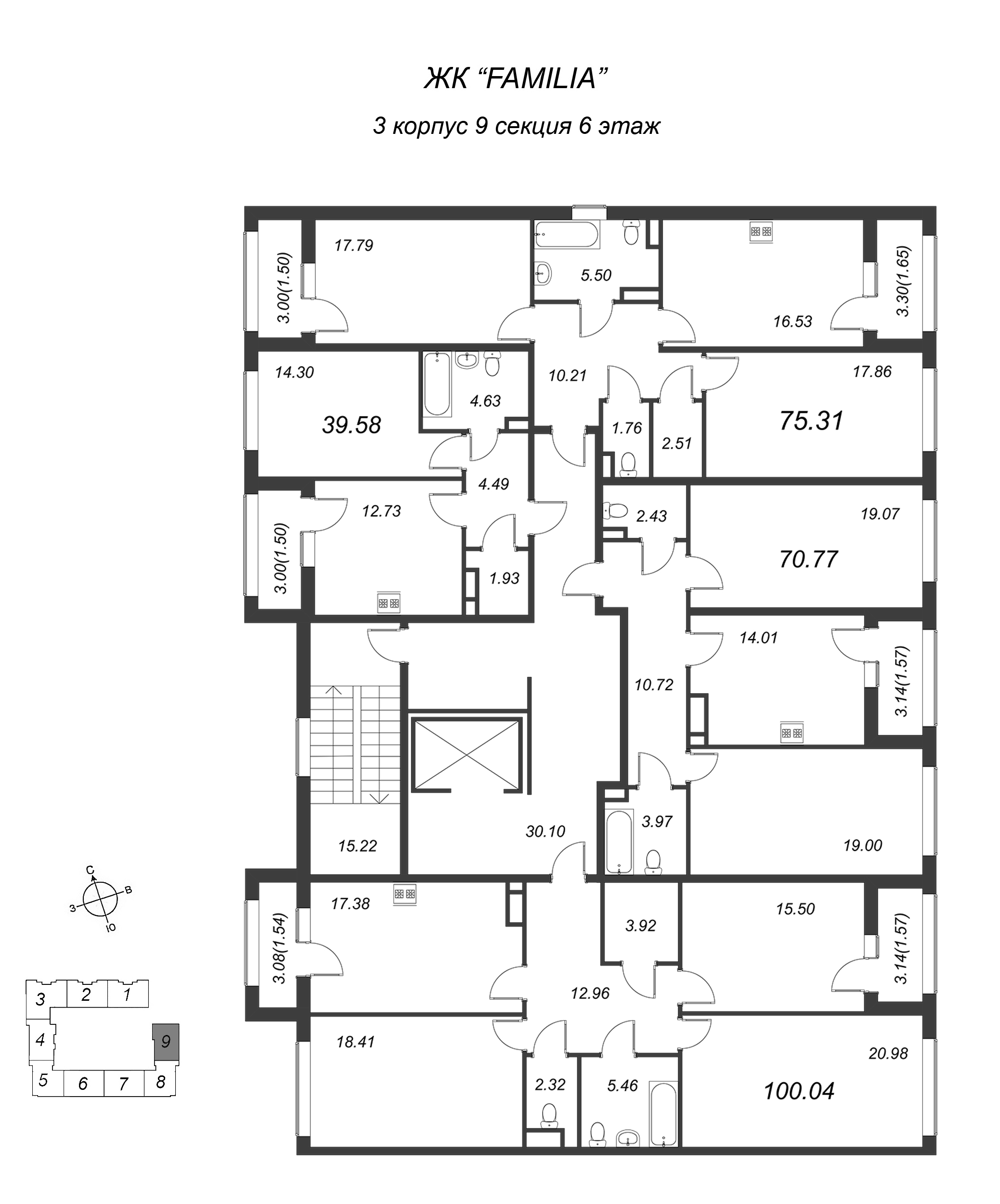 2-комнатная квартира, 75.8 м² в ЖК "FAMILIA" - планировка этажа