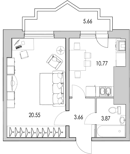 1-комнатная квартира, 46.1 м² в ЖК "Байрон" - планировка, фото №1