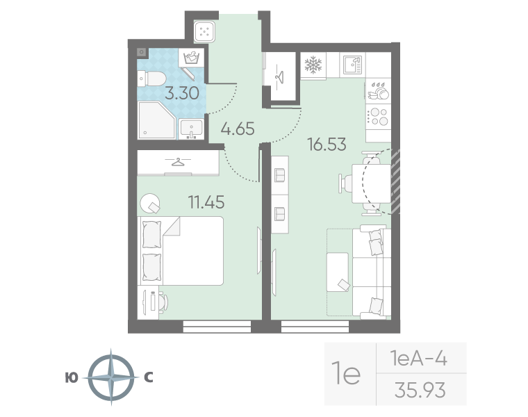 2-комнатная (Евро) квартира, 35.93 м² в ЖК "Морская миля" - планировка, фото №1