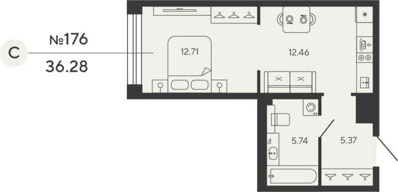 Квартира-студия, 36.28 м² в ЖК "Башни Элемент" - планировка, фото №1