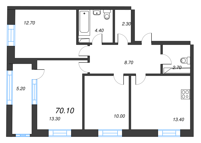 3-комнатная квартира, 70.1 м² - планировка, фото №1