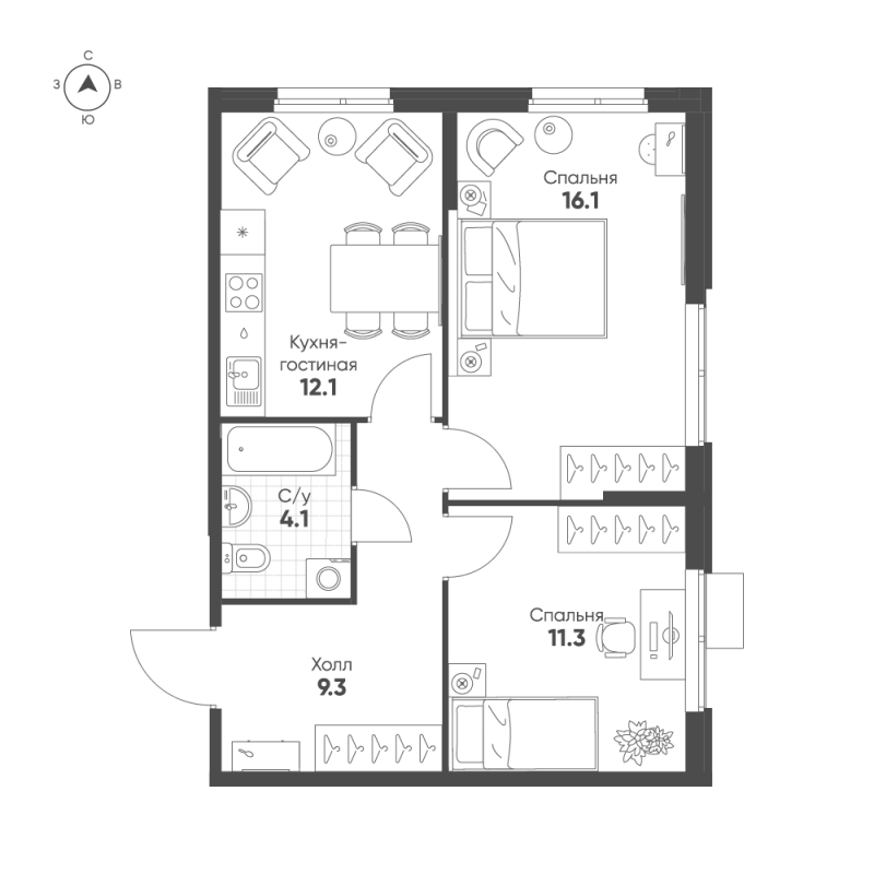 2-комнатная квартира, 52.9 м² в ЖК "Ягодное Река Парк" - планировка, фото №1