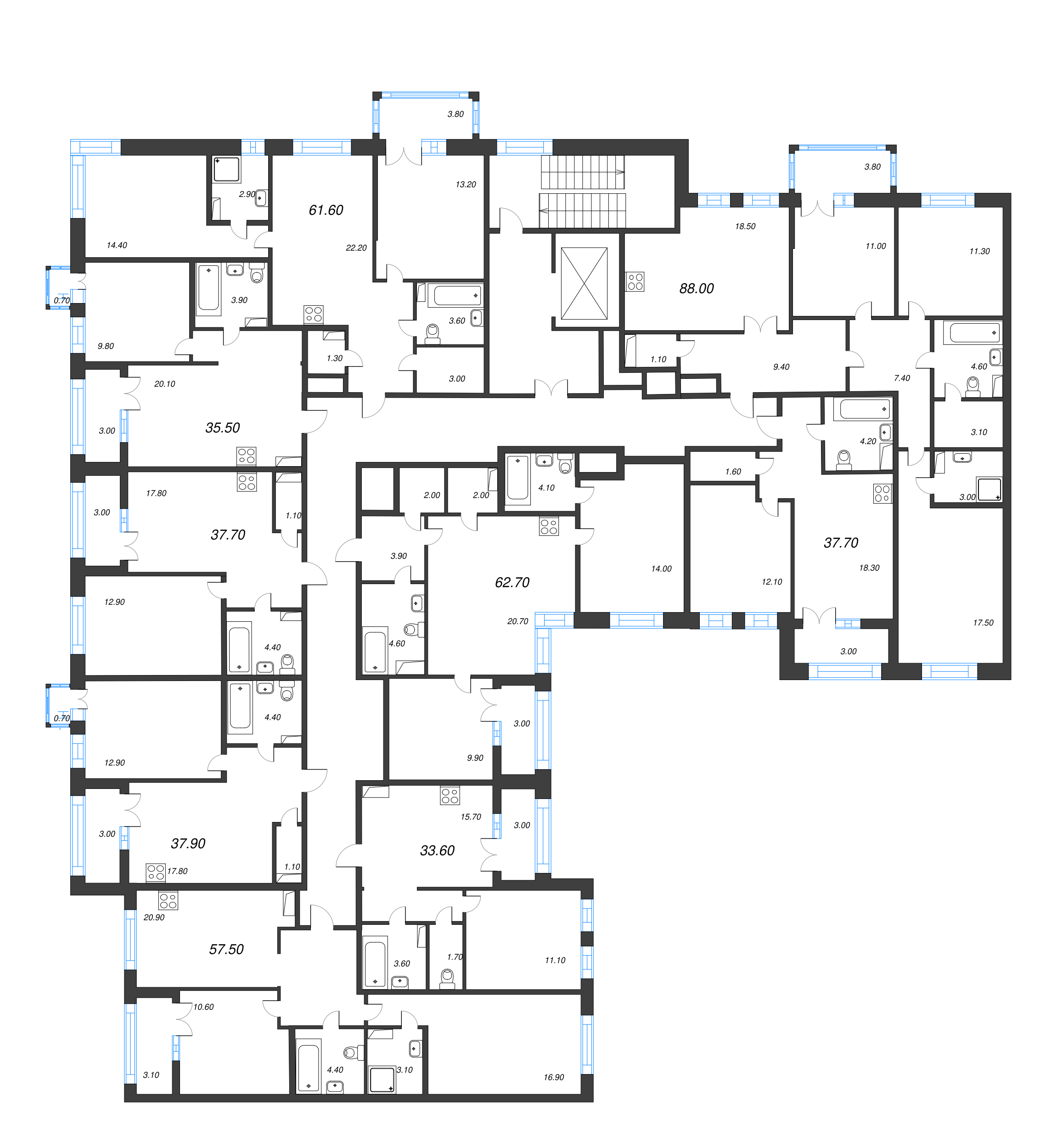 2-комнатная квартира, 62.7 м² - планировка этажа