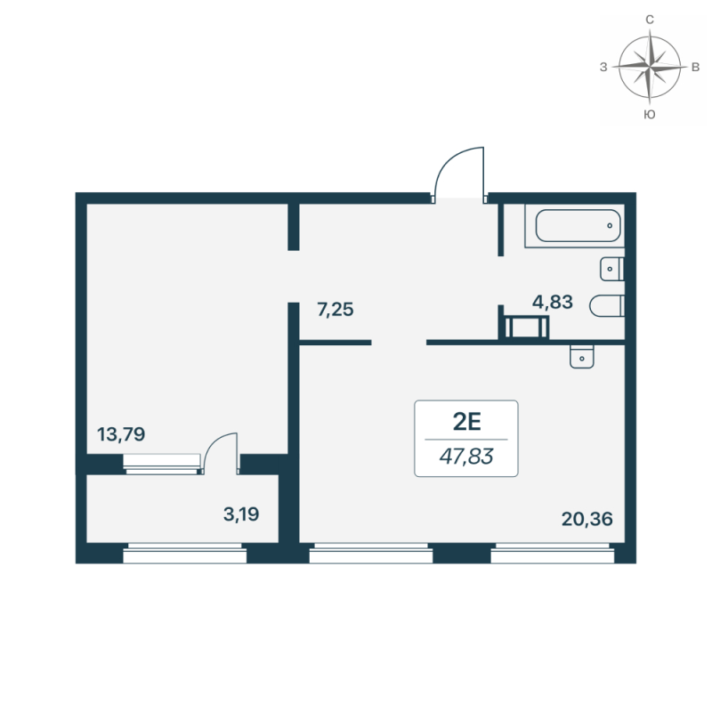 2-комнатная (Евро) квартира, 48.1 м² в ЖК "Расцветай в Янино" - планировка, фото №1