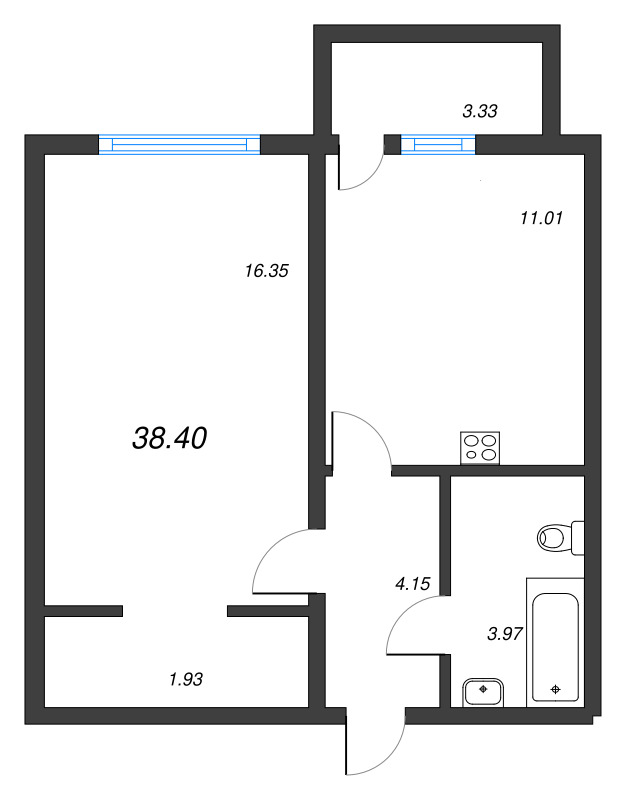 1-комнатная квартира, 38.1 м² - планировка, фото №1
