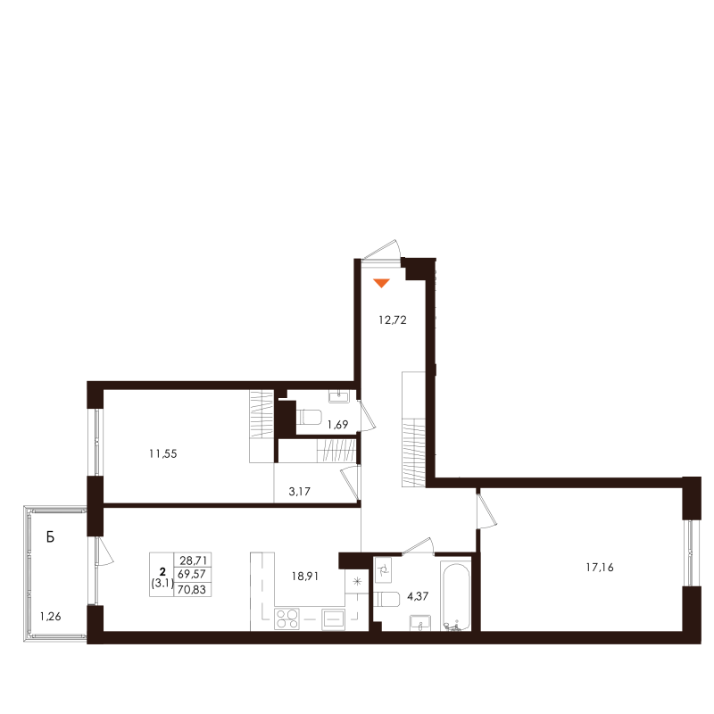 3-комнатная (Евро) квартира, 70.83 м² в ЖК "Лисино" - планировка, фото №1