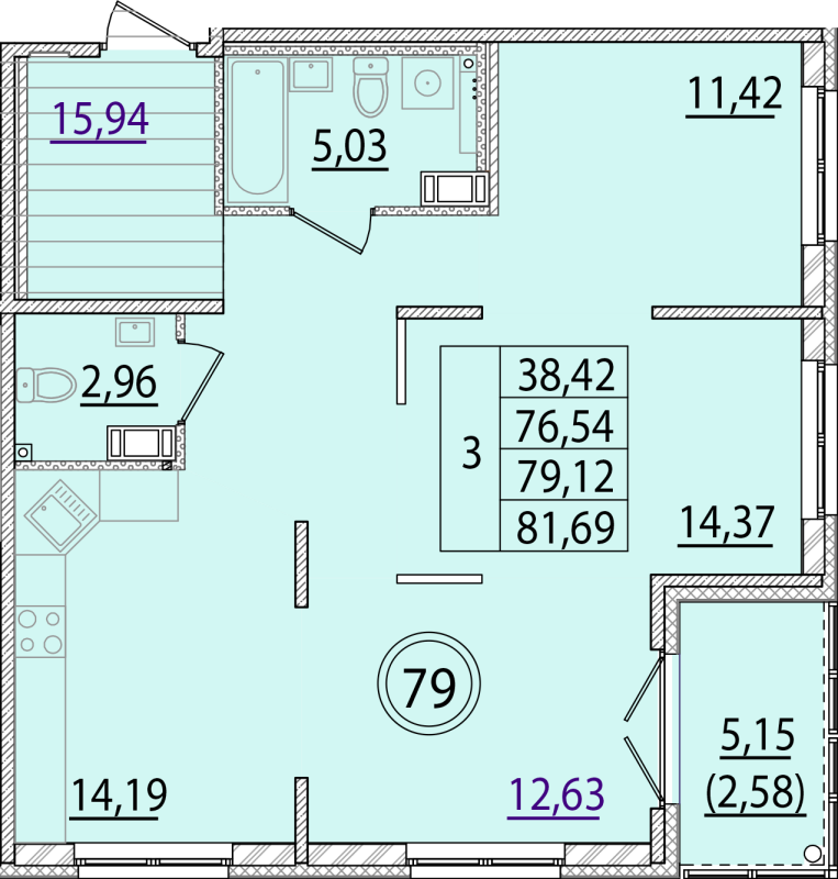 3-комнатная квартира, 76.54 м² - планировка, фото №1