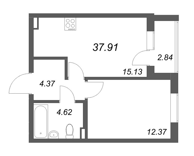 2-комнатная (Евро) квартира, 37.91 м² - планировка, фото №1