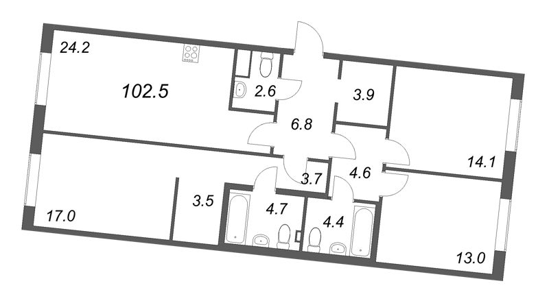 4-комнатная (Евро) квартира, 102.5 м² в ЖК "Визионер" - планировка, фото №1