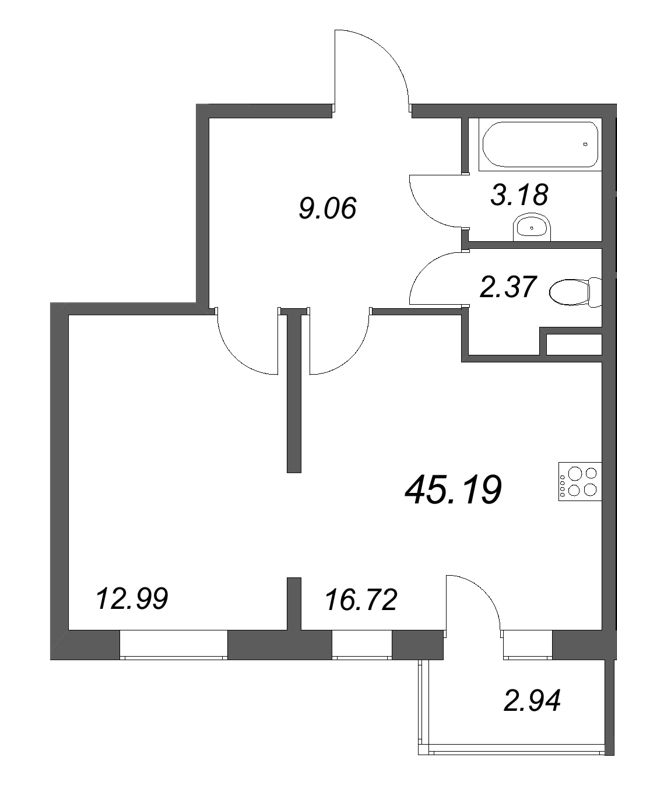 2-комнатная (Евро) квартира, 45.19 м² в ЖК "Новая история" - планировка, фото №1