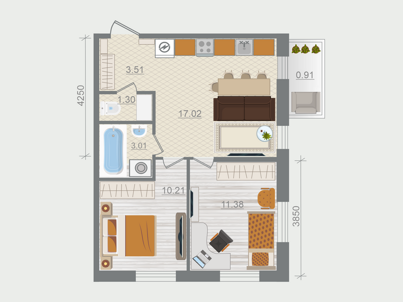 3-комнатная (Евро) квартира, 47.34 м² в ЖК "Эко Квартал Гармония" - планировка, фото №1