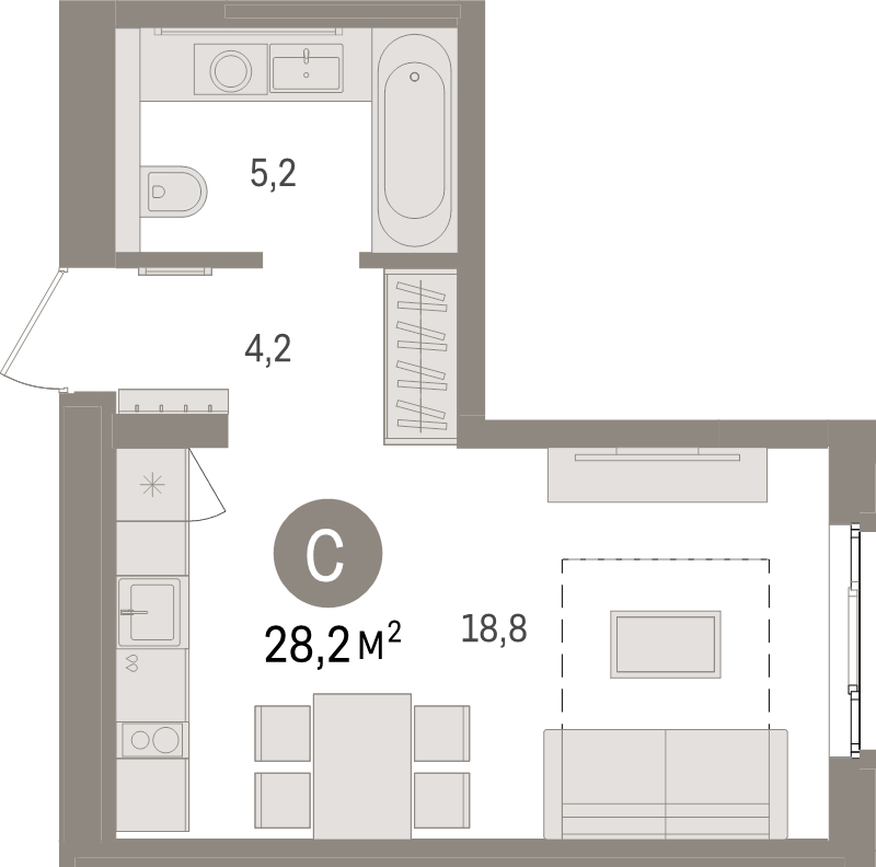 Квартира-студия, 28.2 м² в ЖК "Брусника в Новоселье" - планировка, фото №1