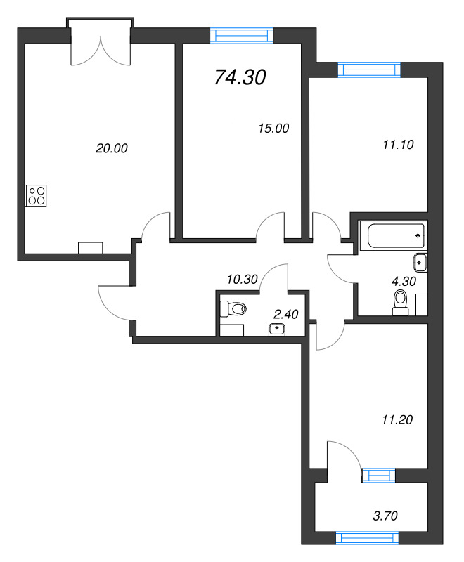 4-комнатная (Евро) квартира, 74.3 м² в ЖК "Дубровский" - планировка, фото №1
