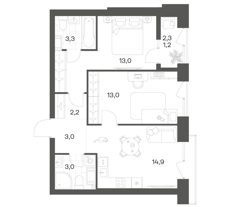 2-комнатная квартира, 53.52 м² в ЖК "Новый Питер" - планировка, фото №1