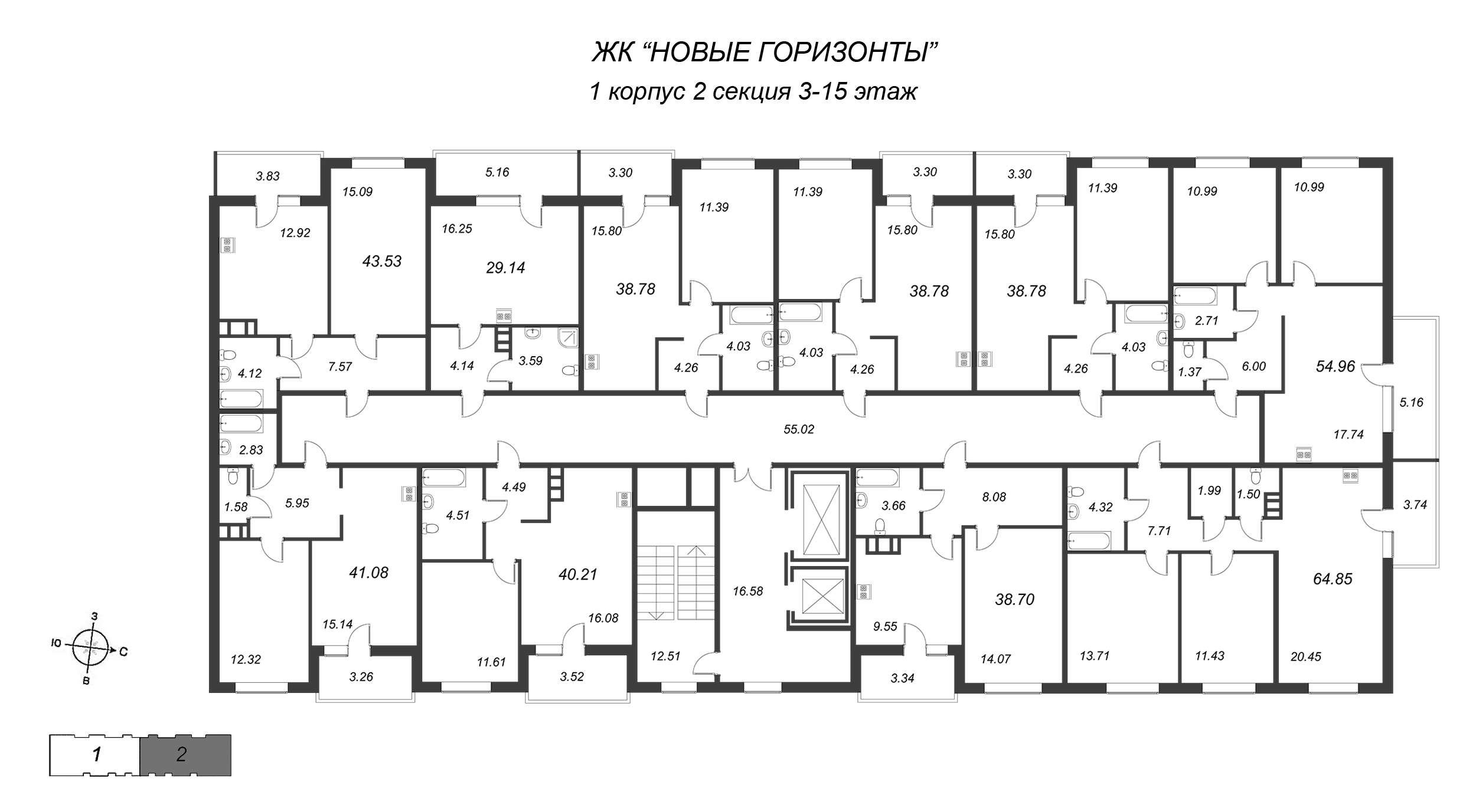 3-комнатная (Евро) квартира, 61.11 м² в ЖК "Новые горизонты" - планировка этажа