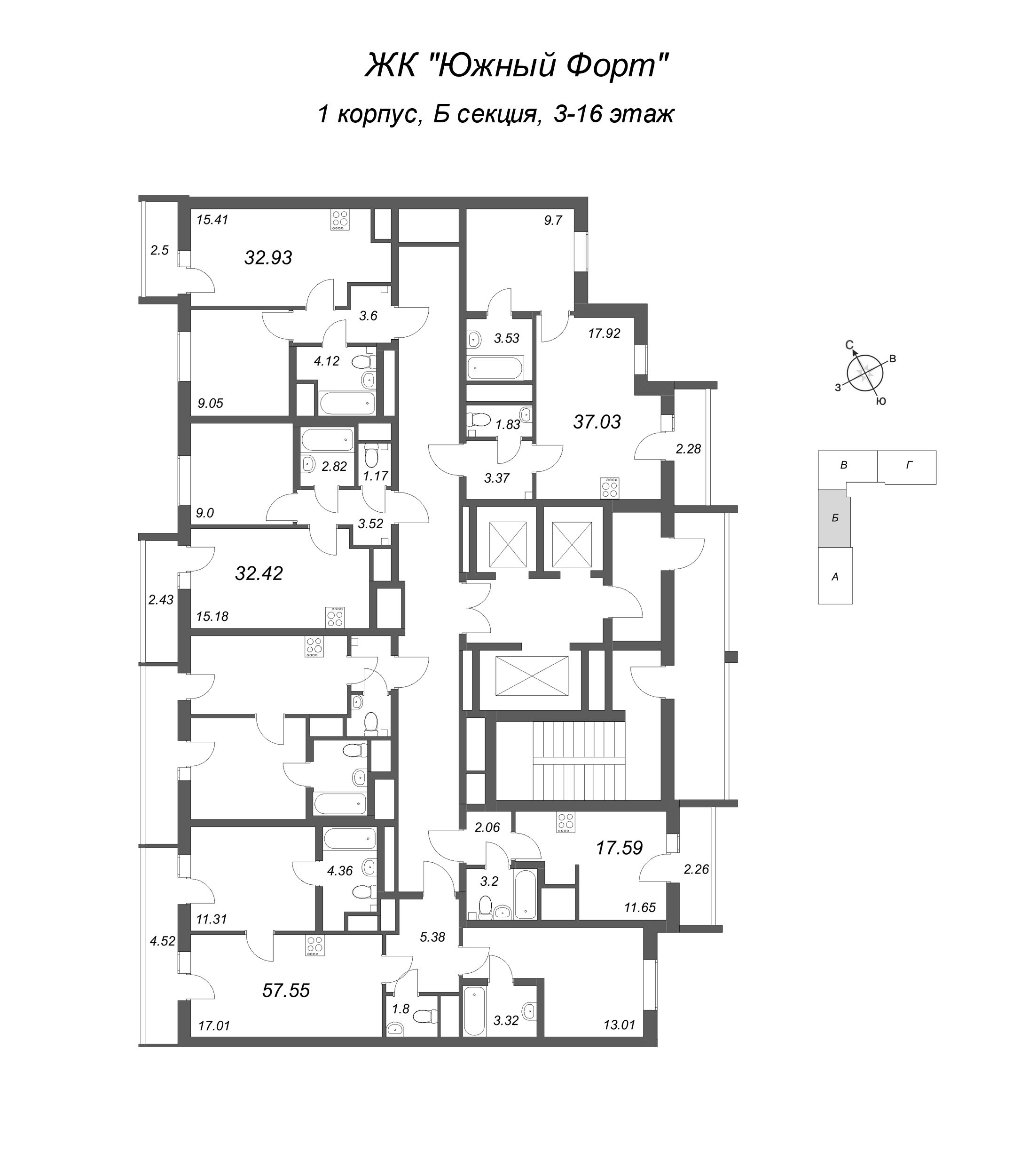 Квартира-студия, 17.59 м² в ЖК "Южный форт" - планировка этажа