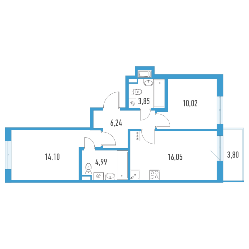 3-комнатная (Евро) квартира, 56.39 м² в ЖК "Аэросити" - планировка, фото №1