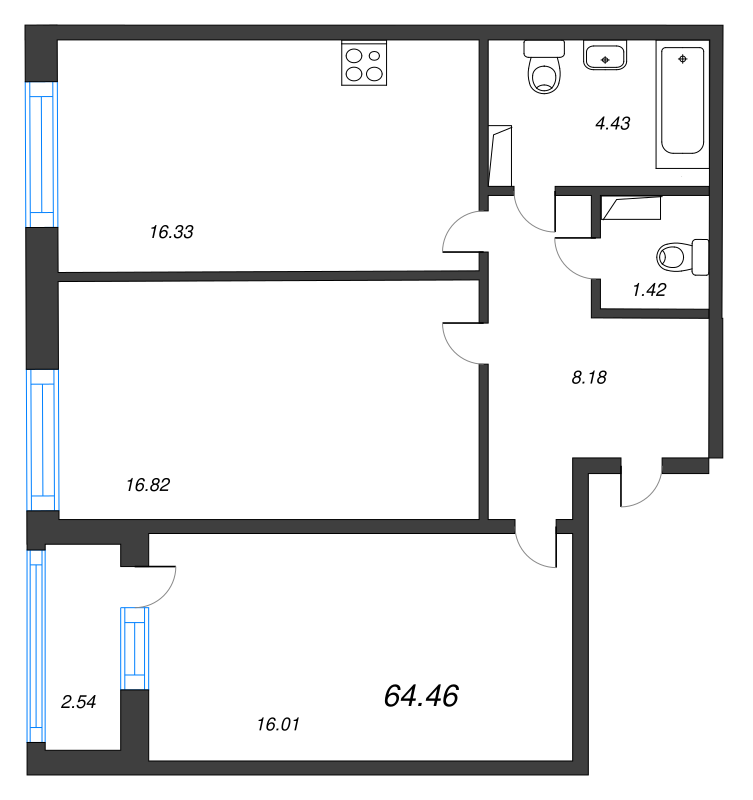 3-комнатная (Евро) квартира, 64.46 м² - планировка, фото №1