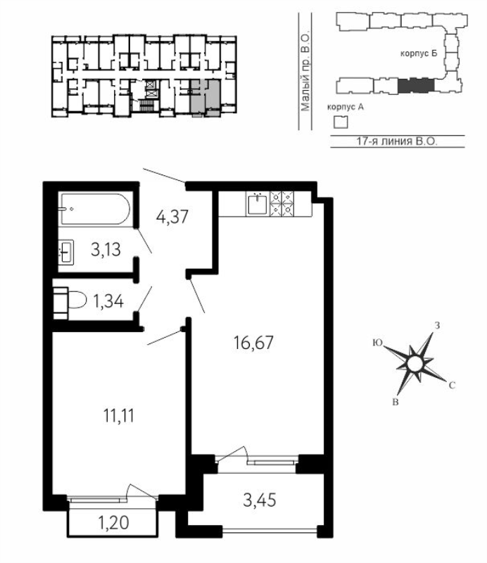 1-комнатная квартира, 38.71 м² в ЖК "17-я линия" - планировка, фото №1